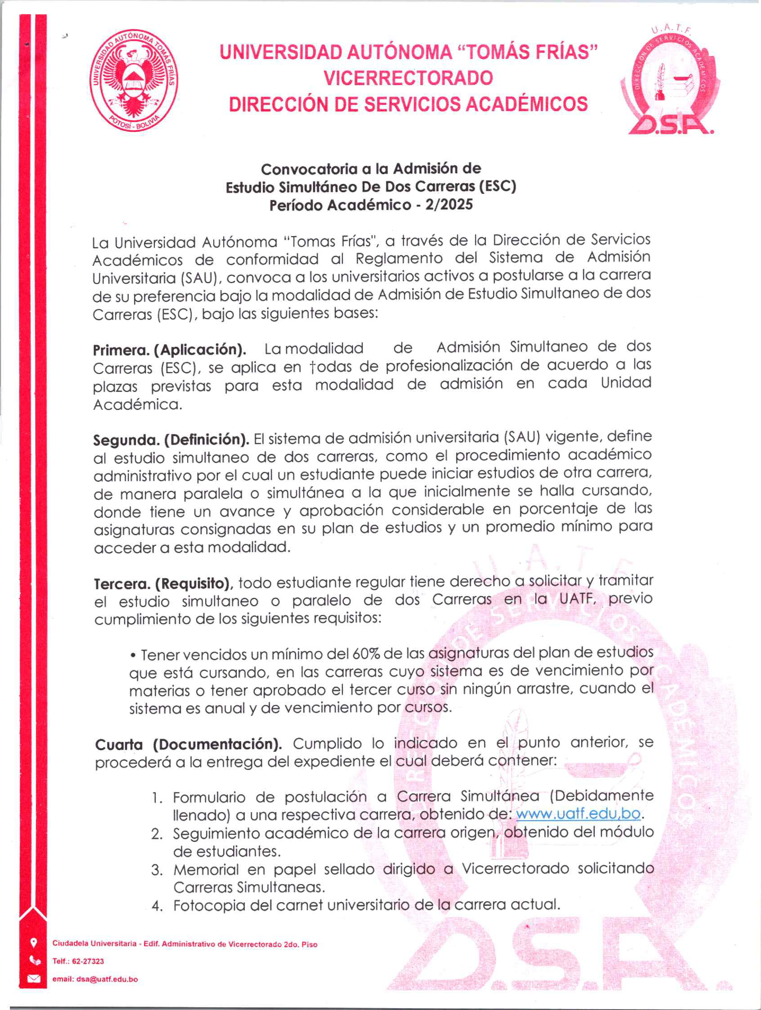 Admisión de Estudio Simultaneo De Dos Carreras 2/2025                                                                                                                                                                                                     
