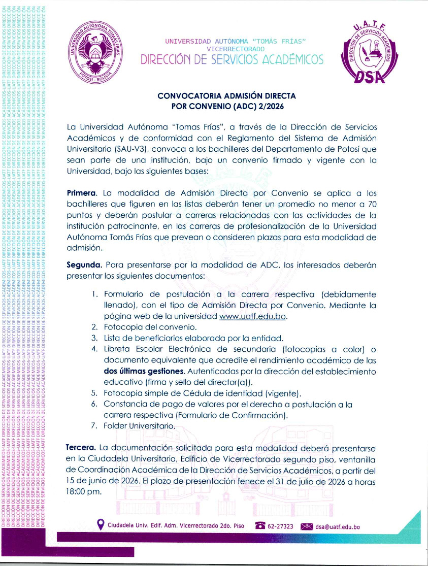Admisión por Convenio Institucional 2/2026                                                                                                                                                                                                                