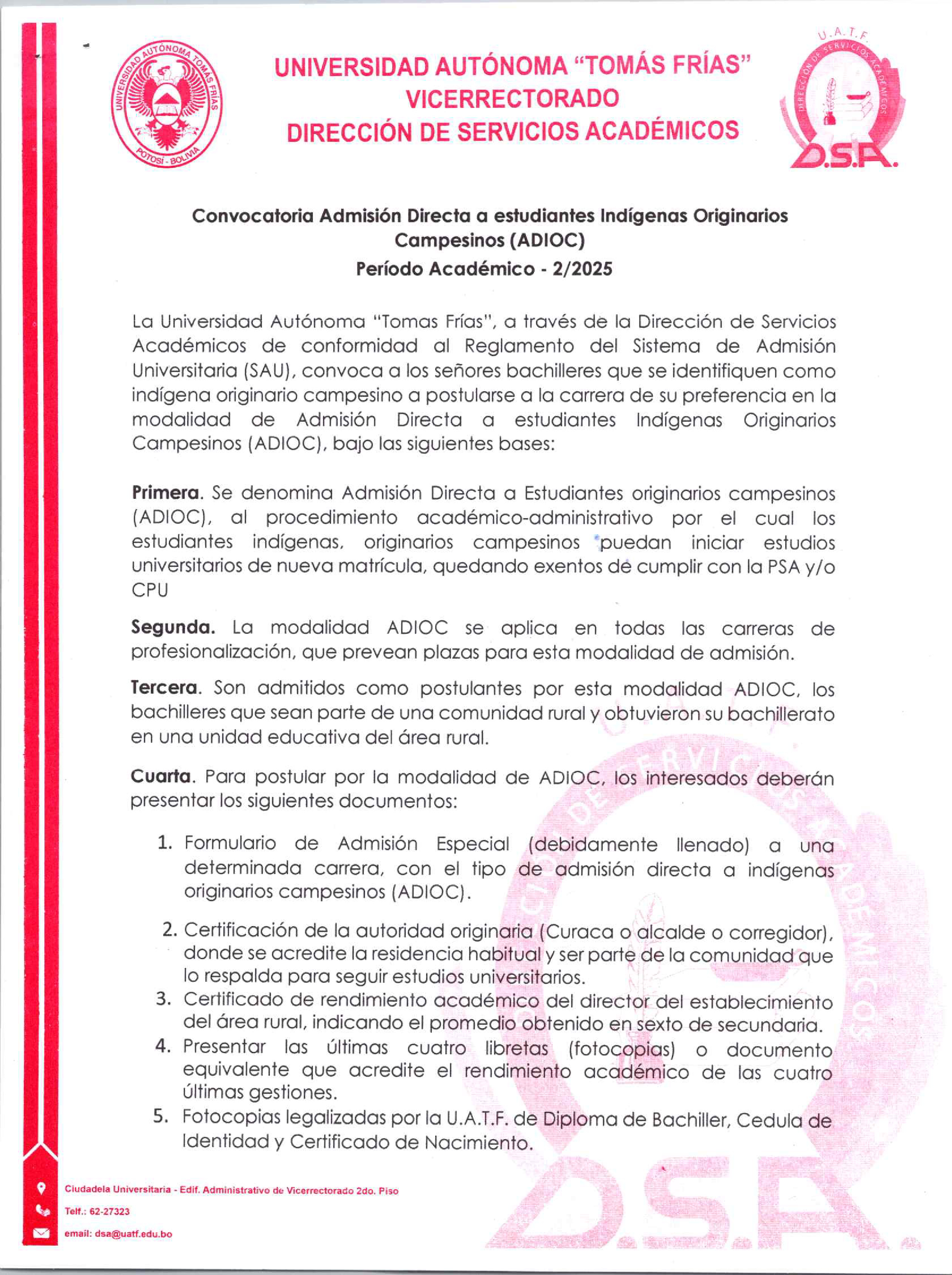Admisión Directa a Estudiantes Indígenas Originarios Campesinos 2/2025                                                                                                                                                                                    