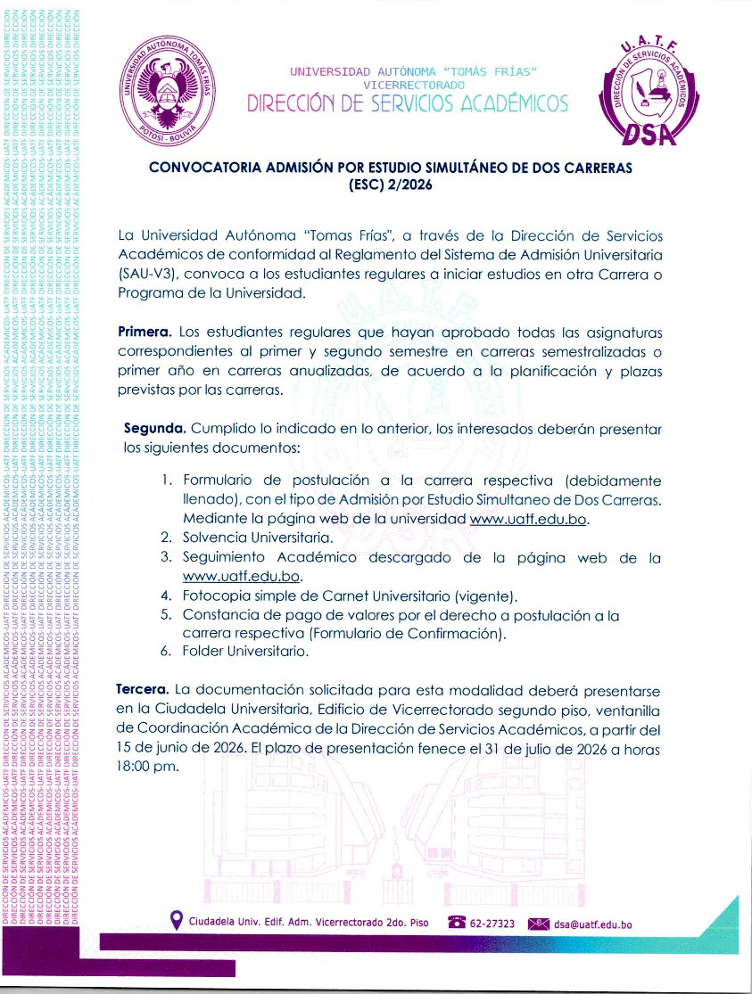 Admisión por Estudio Simultáneo de dos Carreras   2/2026                                                                                                                                                                                                  