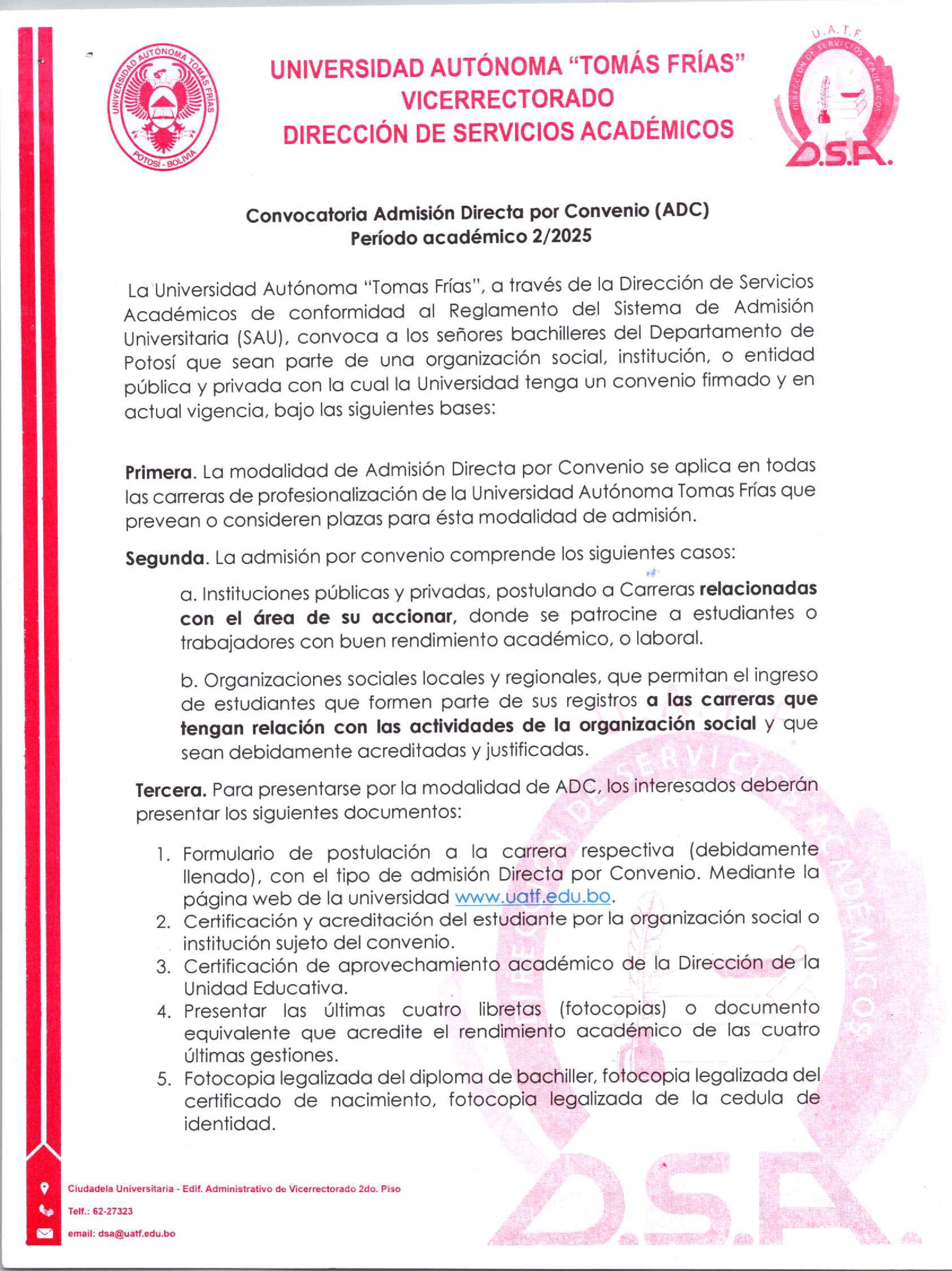 Admisión Directa por Convenio 2/2025                                                                                                                                                                                                                      