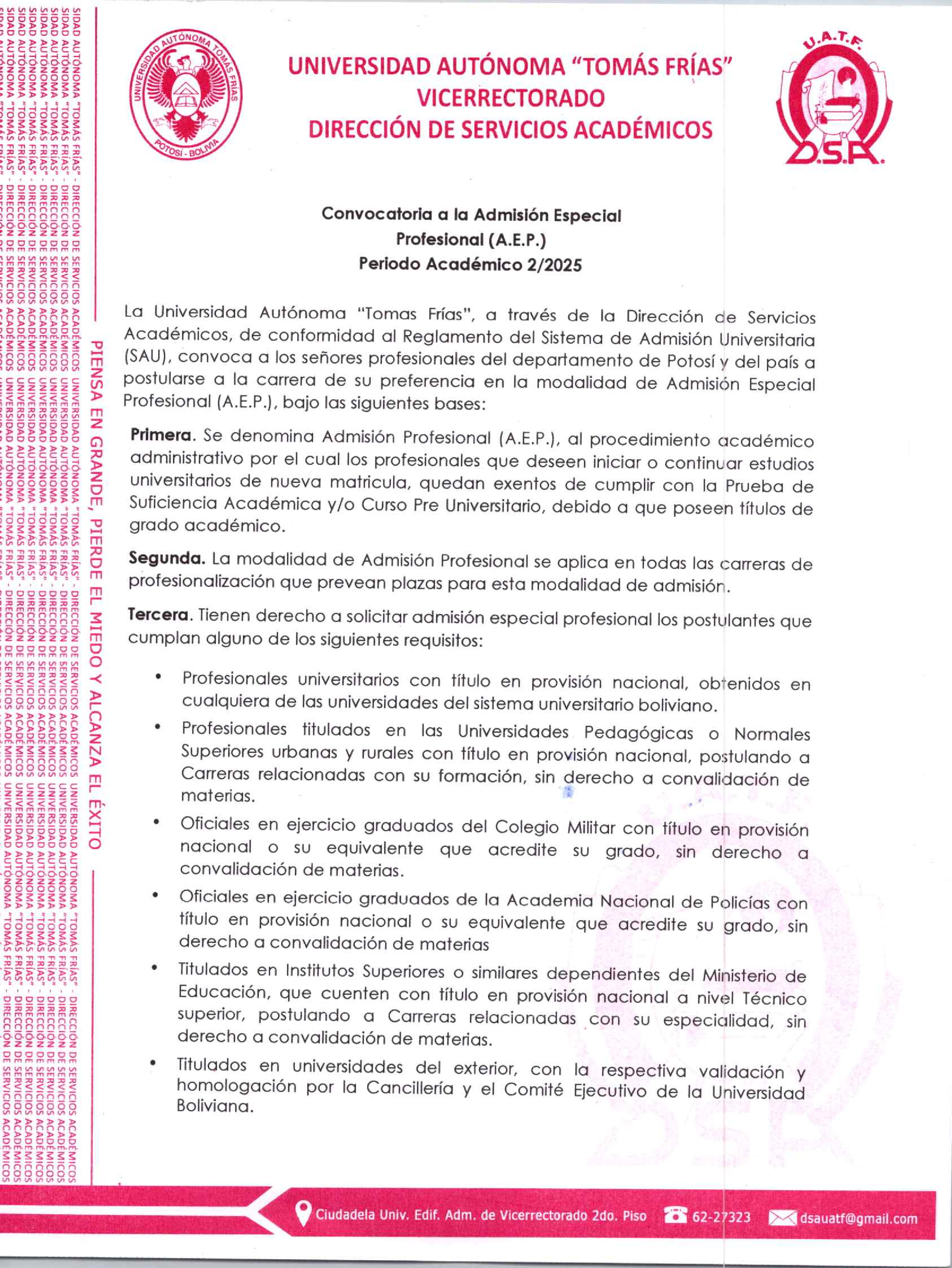 Admisión Especial Profesional 2/2025                                                                                                                                                                                                                      