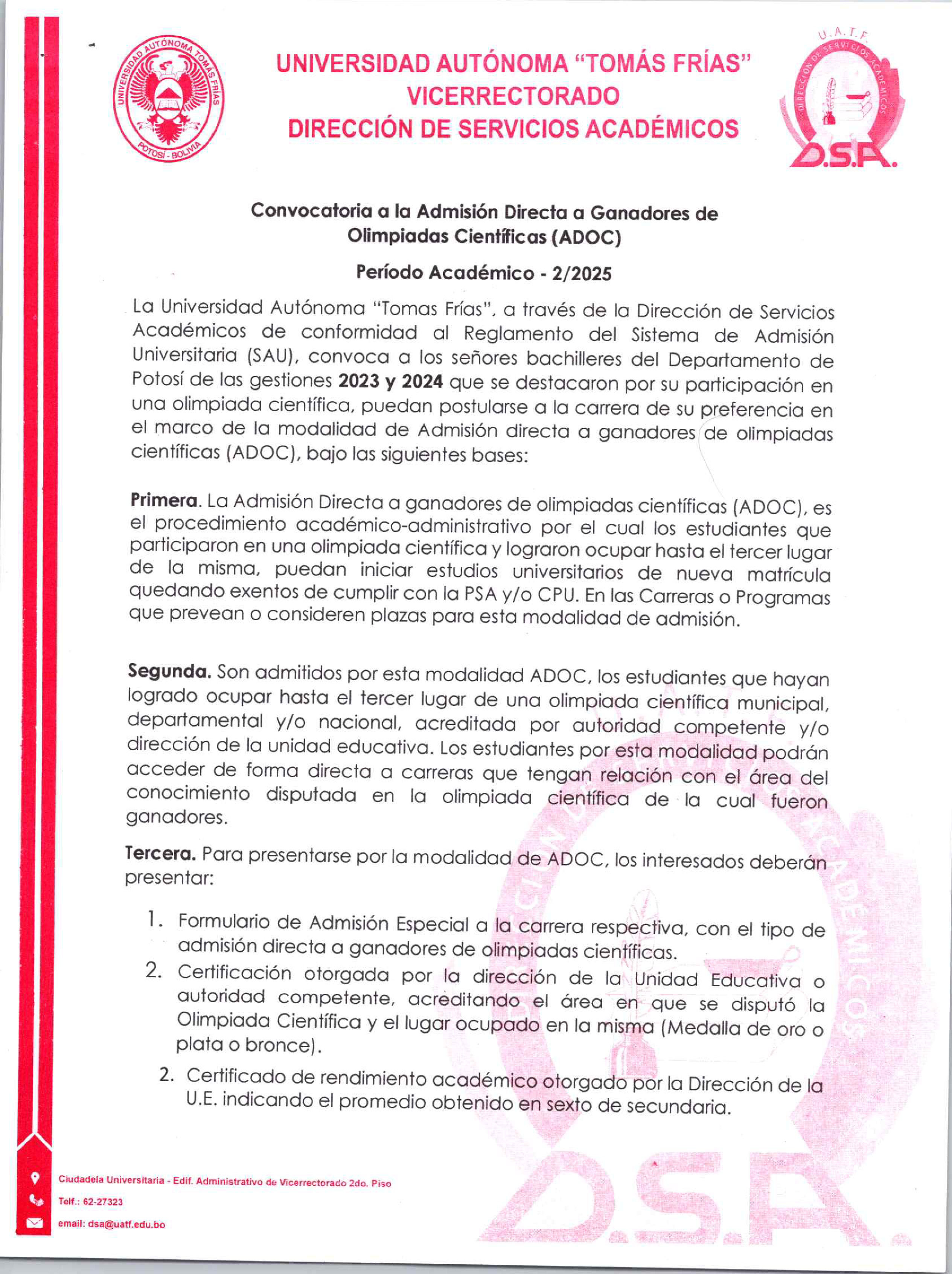 Admisión Directa a Ganadores de Olimpiadas Científicas 2/2025                                                                                                                                                                                             
