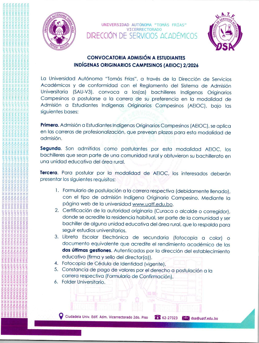 Admisión a Estudiantes Indígenas, Originarios, Campesinos 2/2026                                                                                                                                                                                          